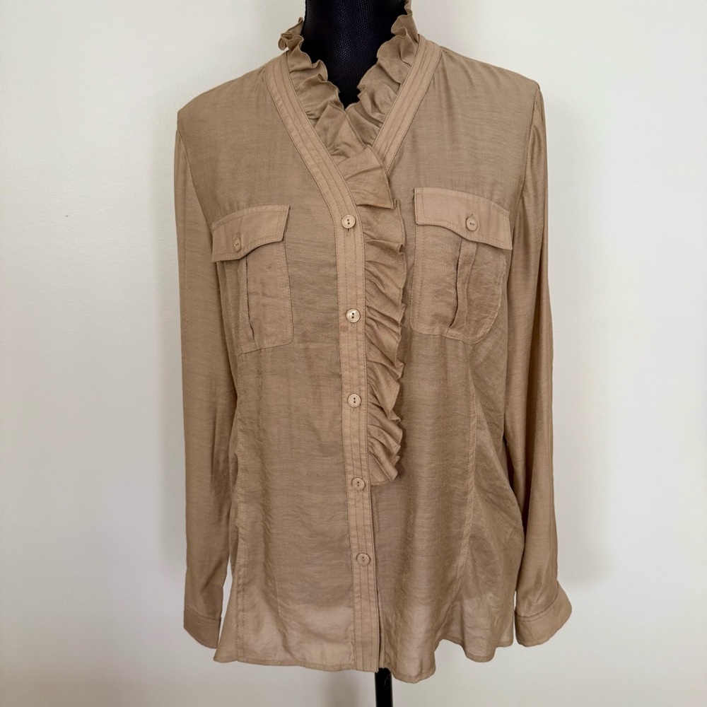 Peter Nygard Women's Tan Button Up Shirt with Ruffle Accent